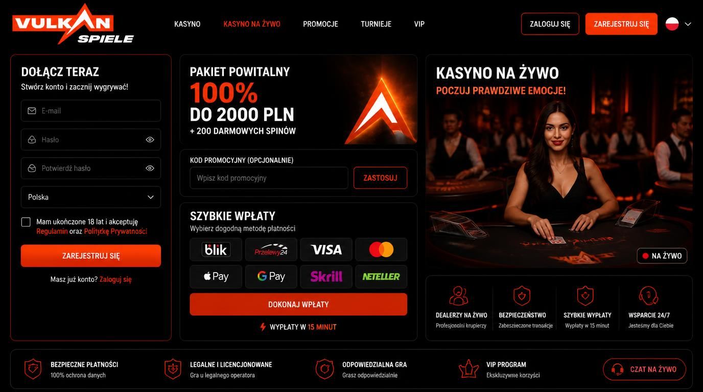 Rejestracja z kodem promocyjnym, ekran wpłaty i stół Live Casino