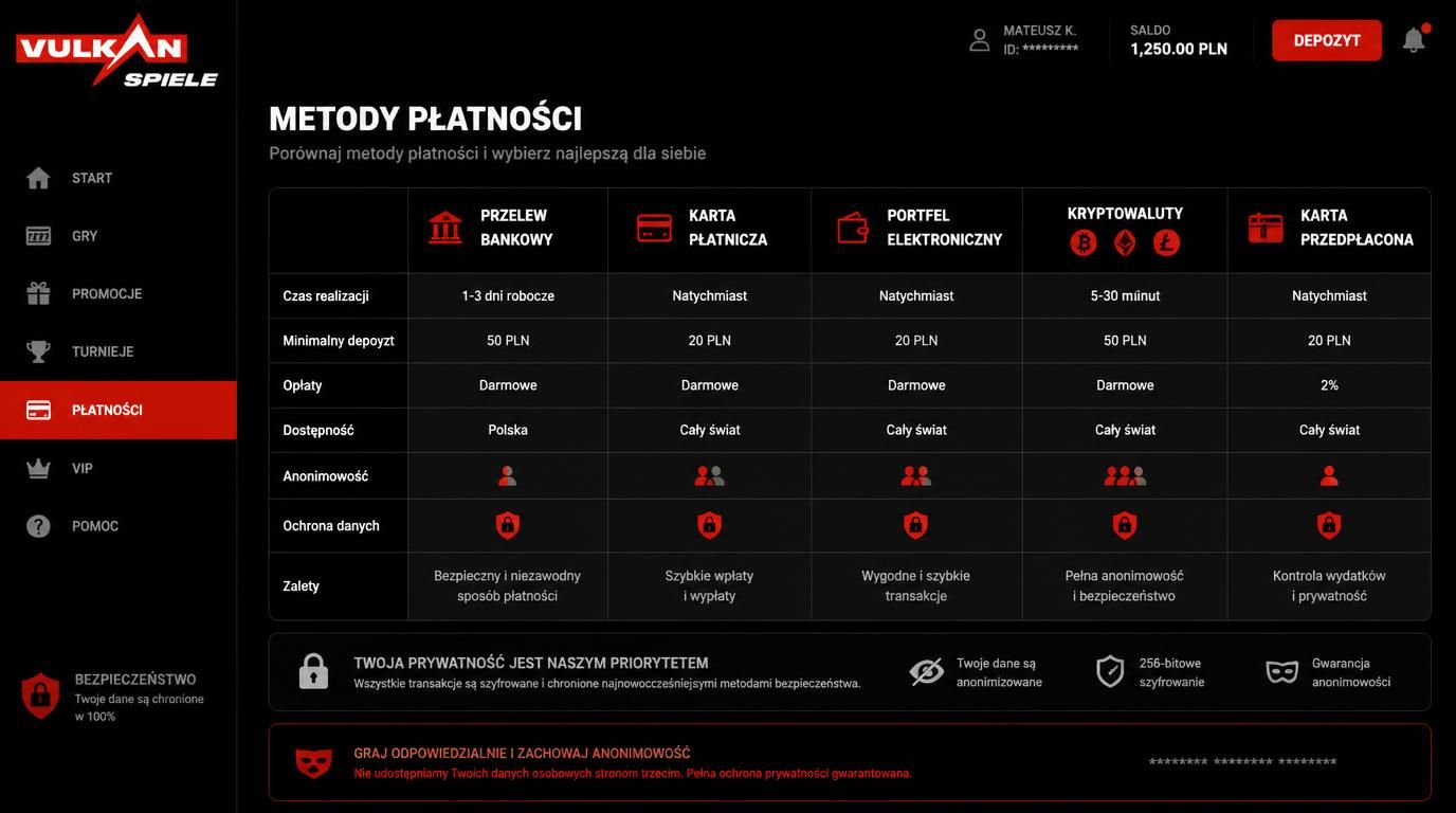 Tabela metod płatności z oceną prywatności i anonimowości