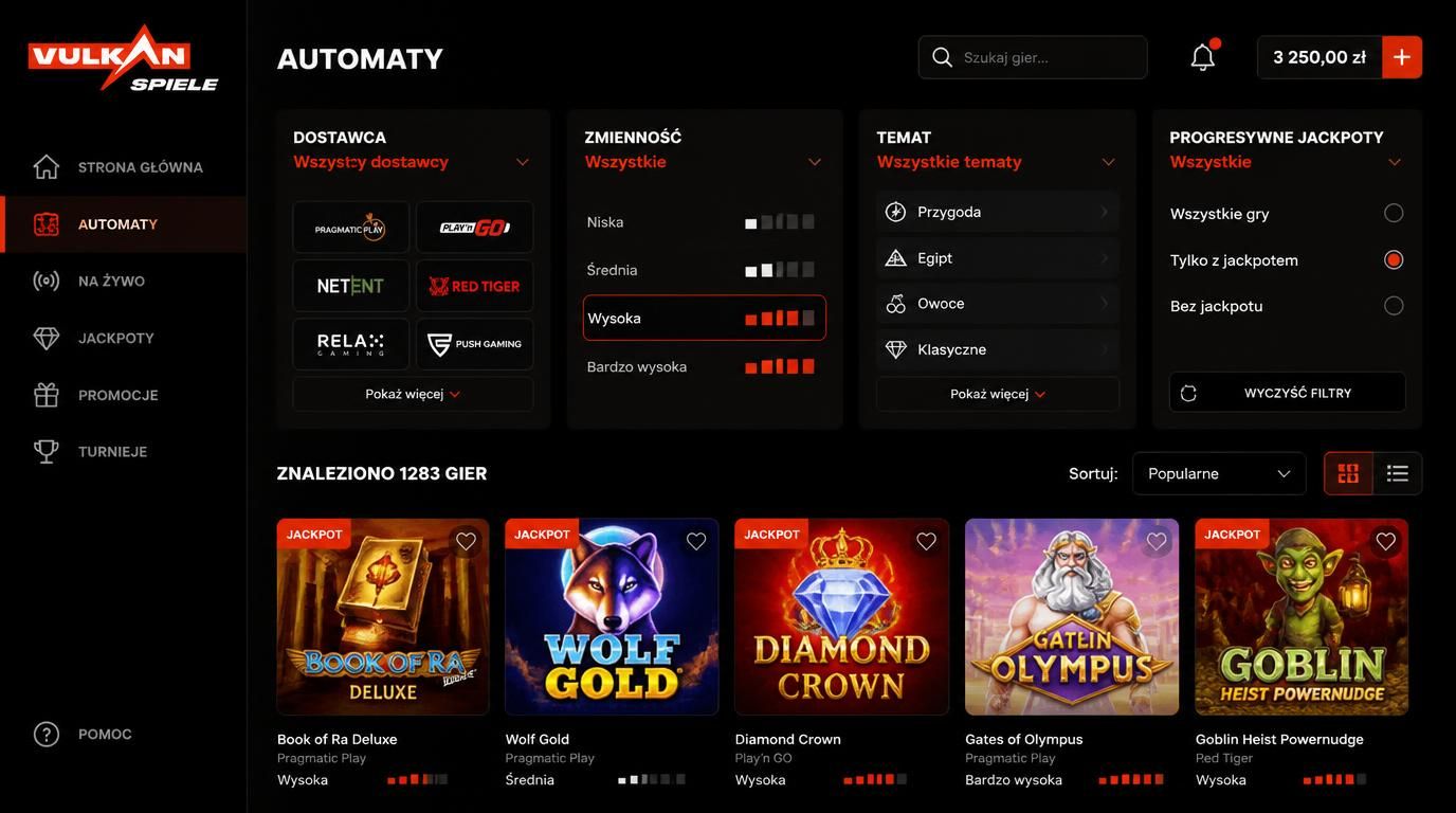 Ekran aplikacji z filtrami gier: provider, zmienność, temat, jackpot