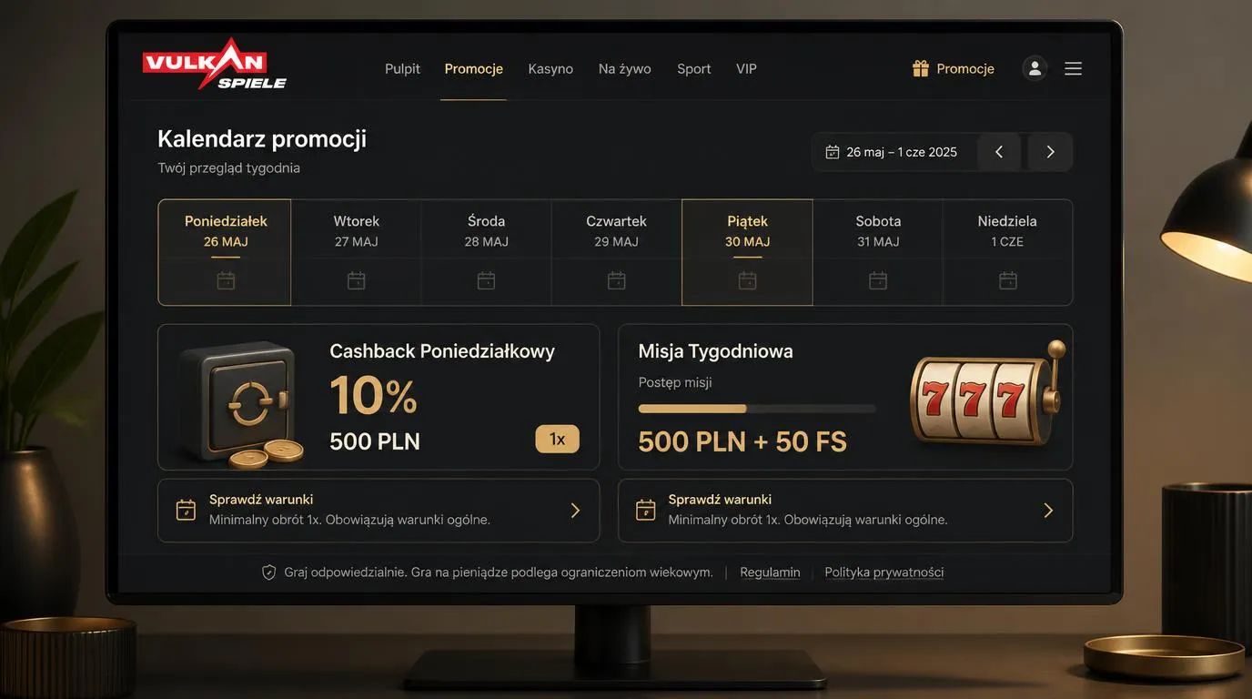Panel promocji kasynowych z kalendarzem poniedziałkowego cashbacku i piątkowych nagród za misje