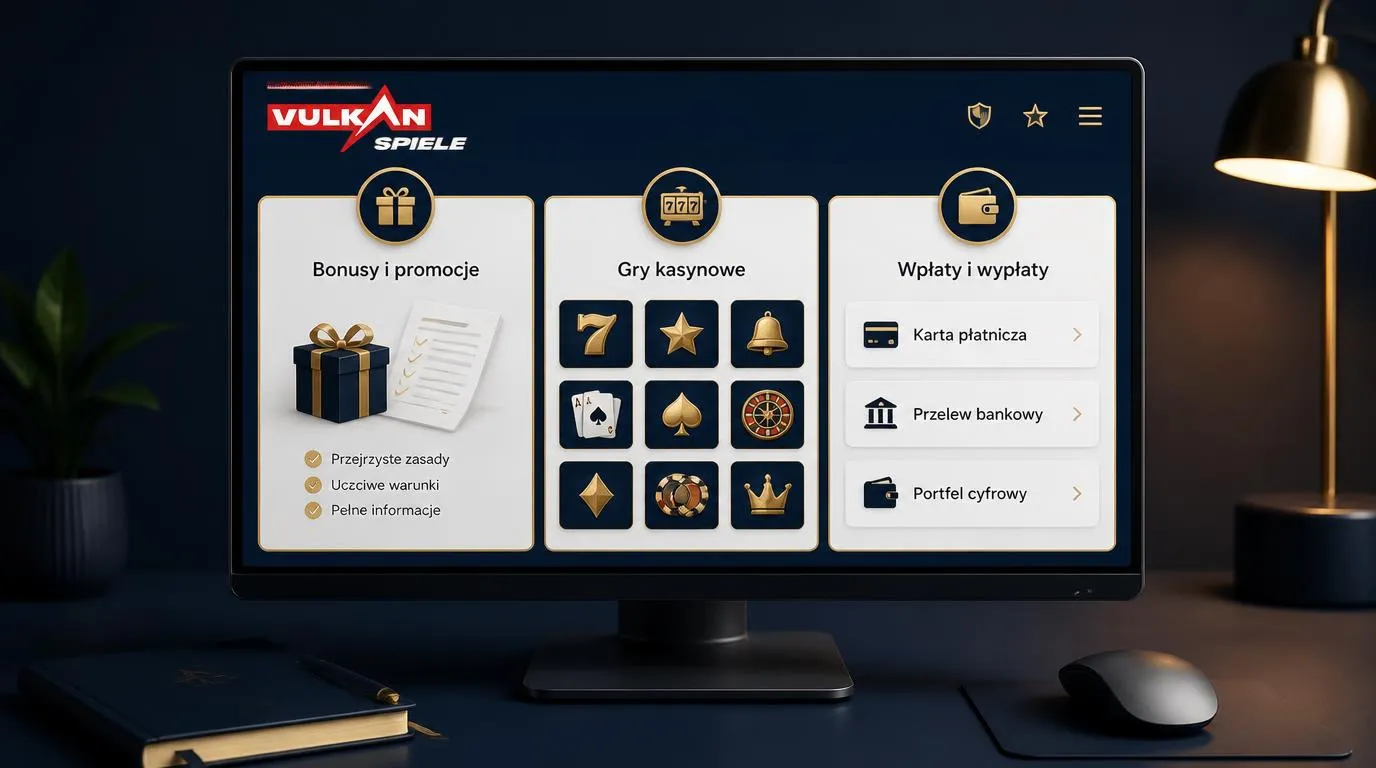 Trzy panele oferty kasynowej z symbolem bonusu, wyborem gier i metodami płatności