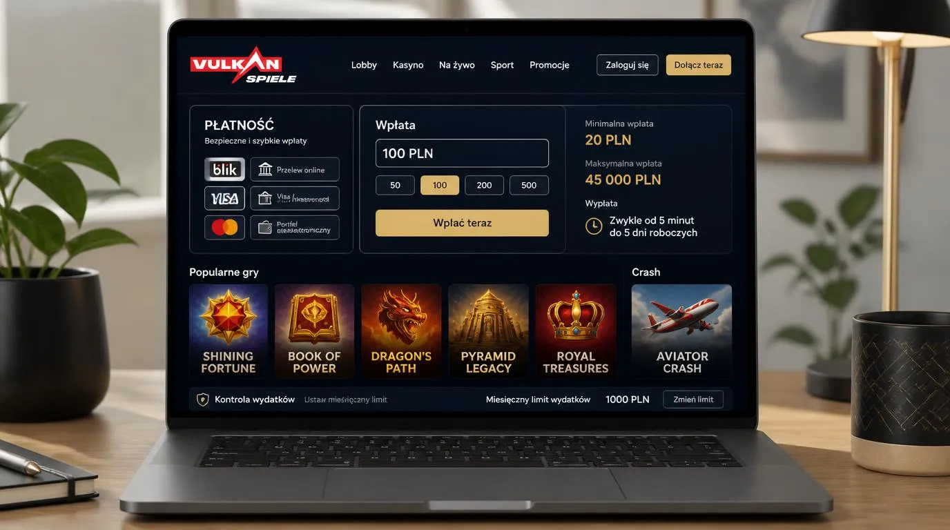 Panel kasyna z zakresem wpłat, terminem wypłat i miniaturami gier na ekranie laptopa
